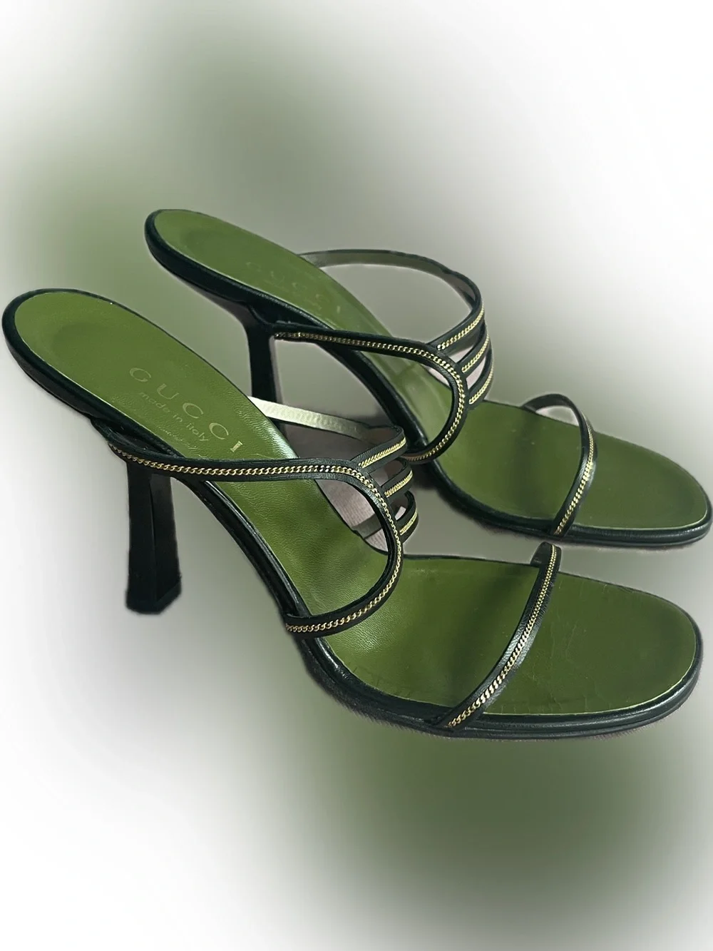Gucci Olive Green Strappy Heel Sandals with Gold Trim - Picture 1 of 5